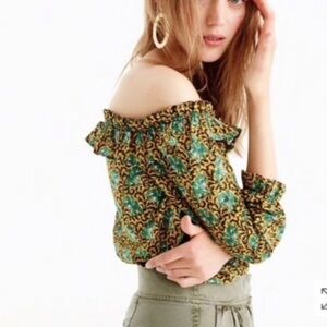 J. Crew Ratti Elephant Print off the Shoulder Button Down Top Size 2 Green